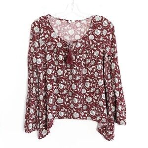 Others Follow floral print boho blouse tassel maroon red top peasant romantic